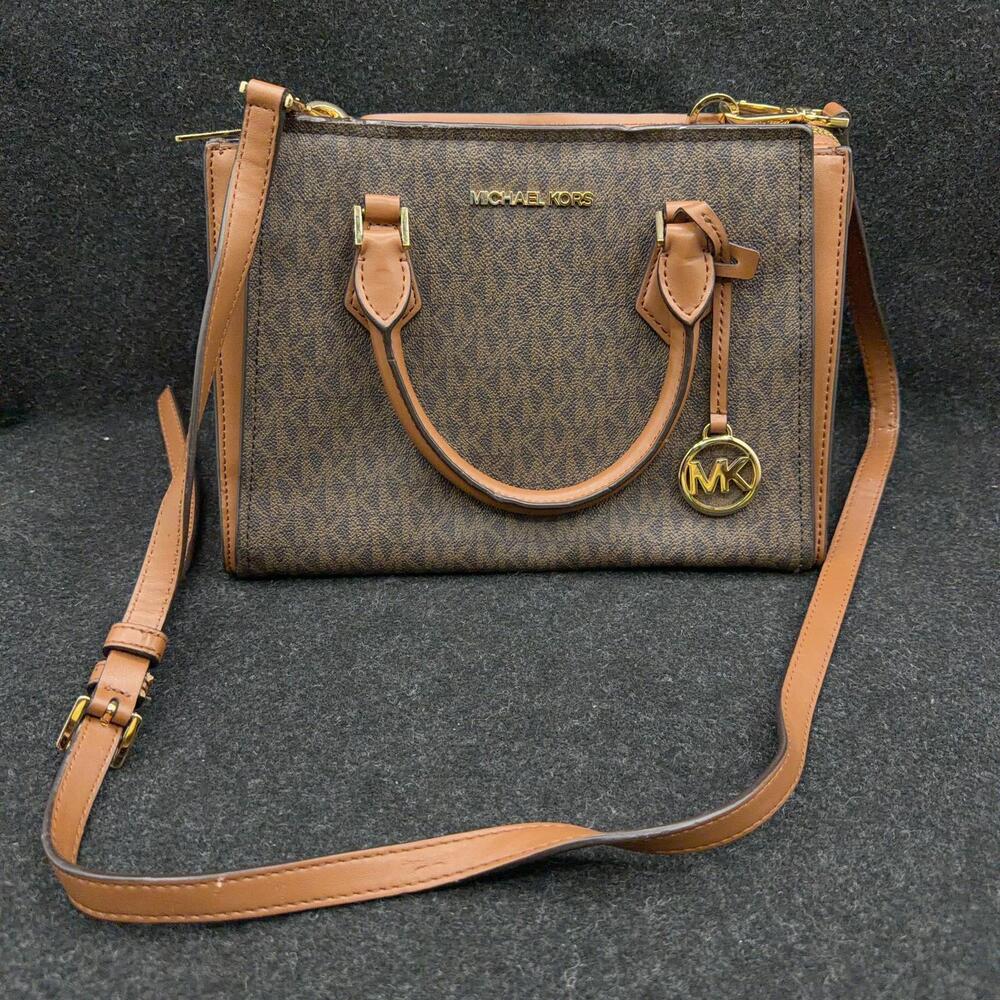 Michael Kors Signature Logo Satchel Brown PVC Leather Trim Crossbody Bag
